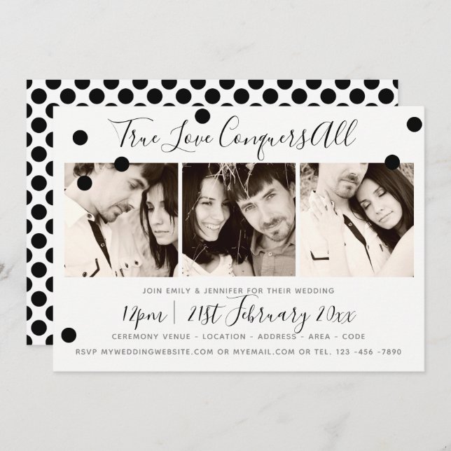 Monochrome Minimalist Black White - ADD 3 PHOTOS Invitation (Front/Back)