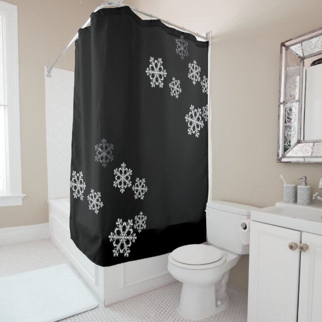 Monochrome Minimalist Snowflake Christmas Pattern Shower Curtain (In Situ)