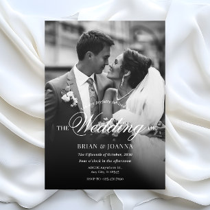 Monochrome modern minimalist script photo wedding  invitation