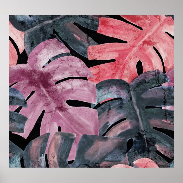 Monochrome Monstera: Watercolor Tropical Pattern. Poster (Front)