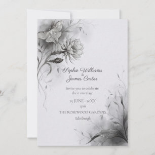 Monochrome Moth Botanical Charcoal Floral Invitation