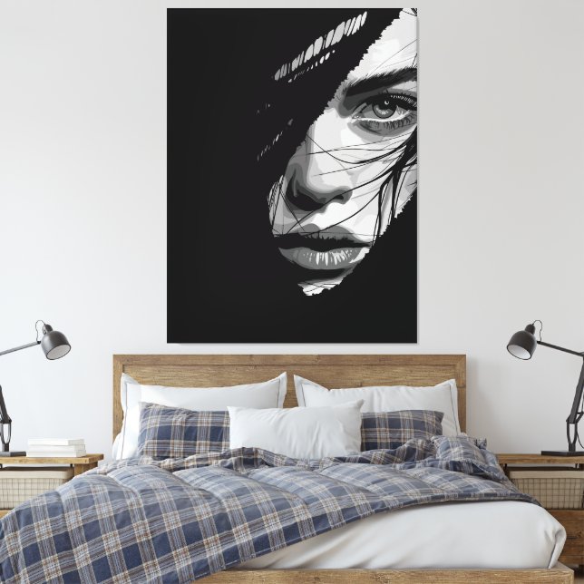 Monochrome Mysterious Portrait Art Canvas Print (Insitu(Bedroom))