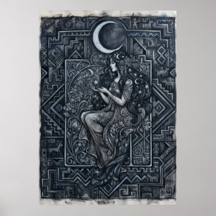 Monochrome Mystic Moon Goddess Tribal Art Poster