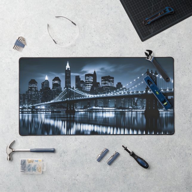 Monochrome New York Skyline Nightscape Desk Mat (Workstation)