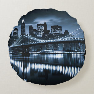 Monochrome New York Skyline Nightscape Round Cushion