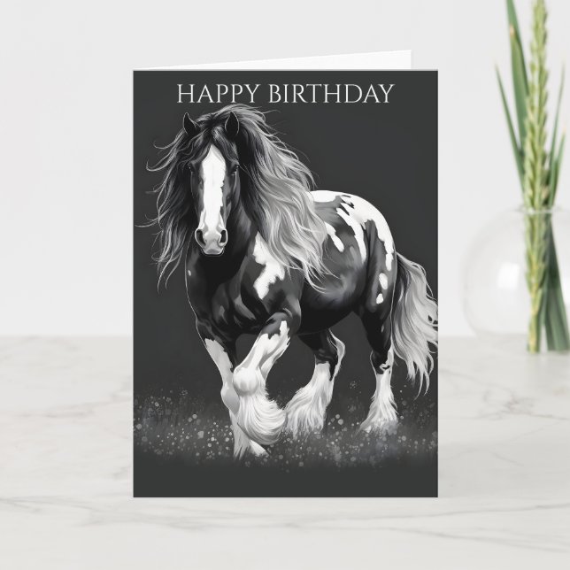 Monochrome Piebald Gypsy Cob Horse Birthday Card (Front)