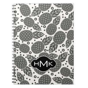 Monochrome Pineapples Monogram Spiral Notebook
