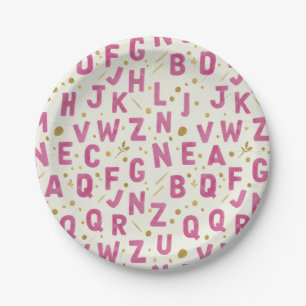 Monochrome Pink Watercolor Alphabet Paper Plate