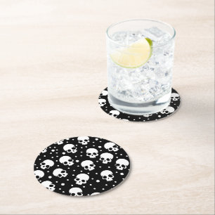 Monochrome Polka Dot Skull Round Paper Coaster