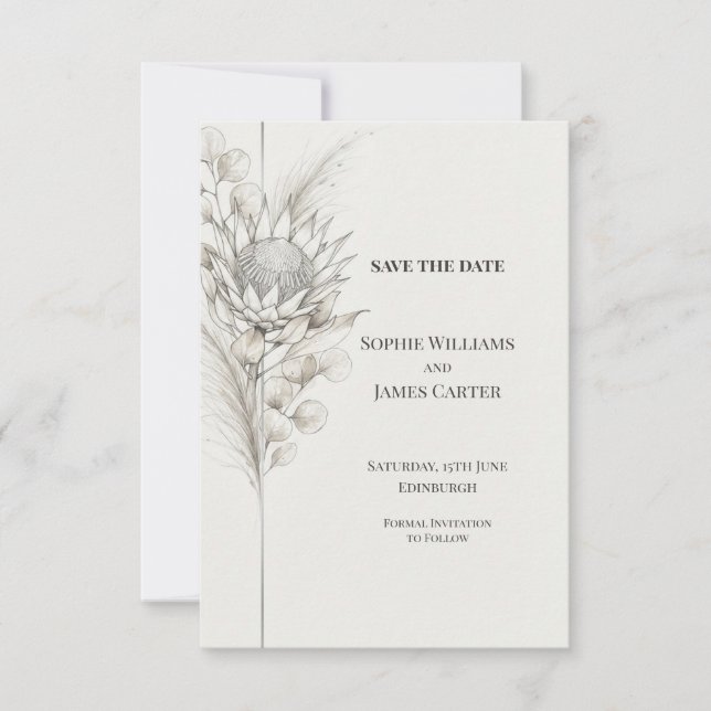 Monochrome Protea Eucalyptus Save the Date (Front)