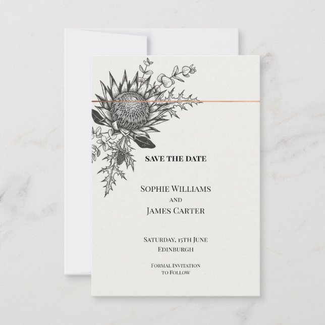Monochrome Protea Thistle Wedding Save the Date (Front)