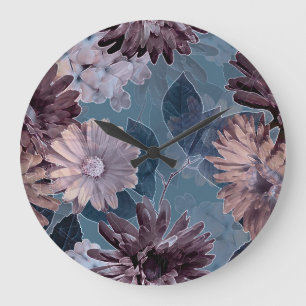 Monochrome Purple: Floral Watercolor Seamless Large Clock