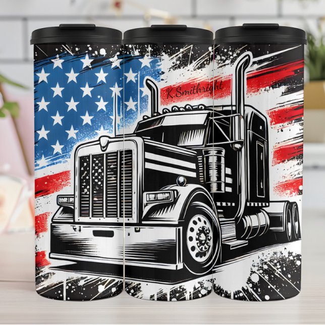 Monochrome Semi Truck American Flag Thermal Tumbler (Creator Uploaded)