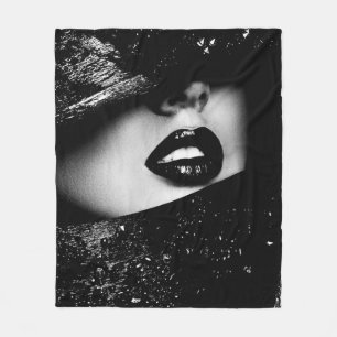 Monochrome sensual woman lips in black frame fleece blanket