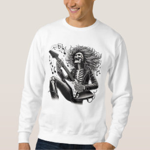 Monochrome Skeleton Guitarist with Detailed Leathe Sweatshirt