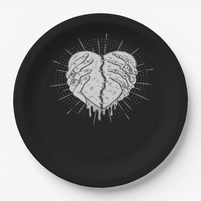 Monochrome Skeleton Hand With Heart Classic Paper Plate (Front)
