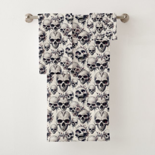 Monochrome Skulls Bath Towel Set (Insitu)