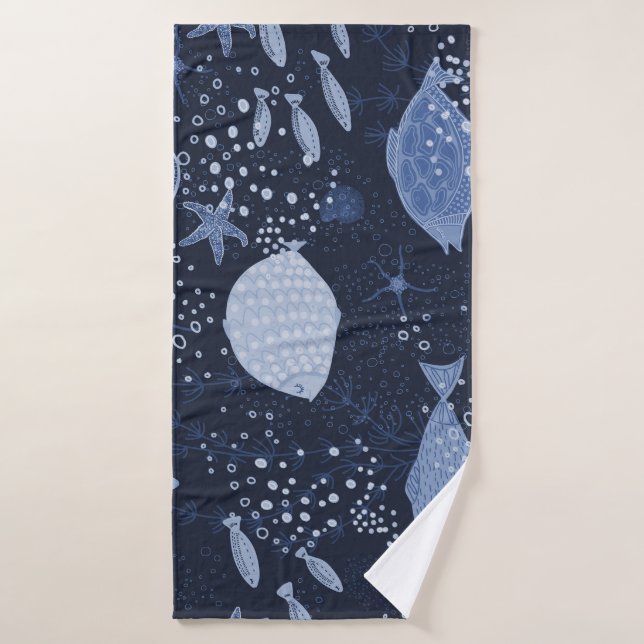 Monochrome sleeping fishes, dark pattern. bath towel (Bath Towel)