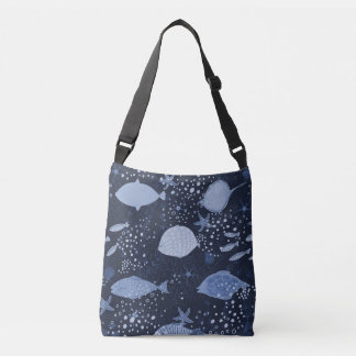 Monochrome sleeping fishes, dark pattern. crossbody bag
