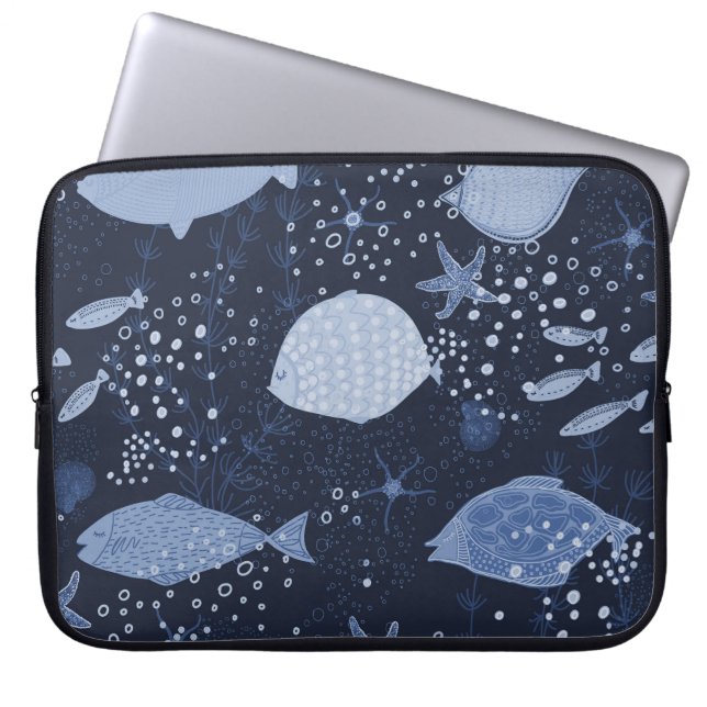 Monochrome sleeping fishes, dark pattern. laptop sleeve (Front)