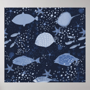 Monochrome sleeping fishes, dark pattern. poster