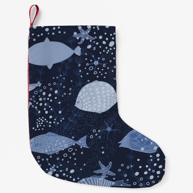 Monochrome sleeping fishes, dark pattern. small christmas stocking (Front)