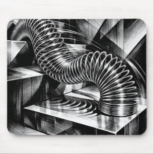 Monochrome Slinky Tumbling Down Chrome Steps Mouse Pad