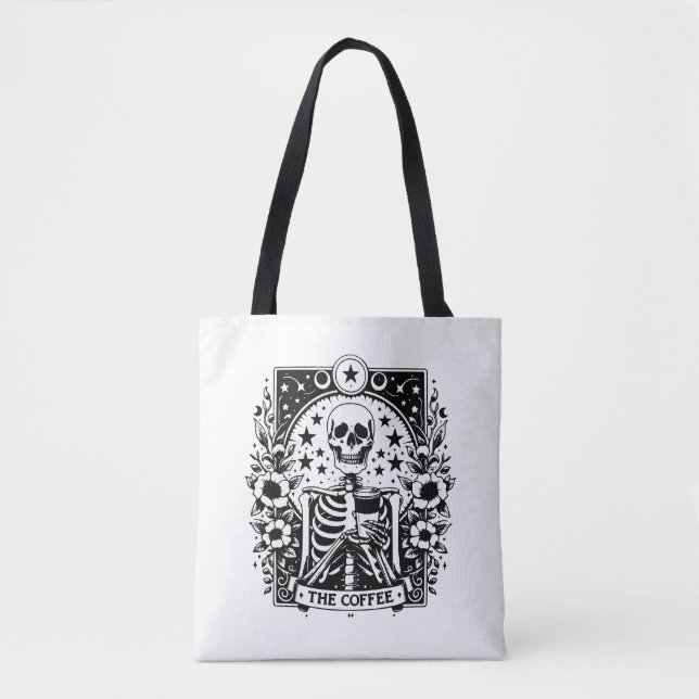 Monochrome "The Coffee" Skeleton Tarot Card | Tote Bag (Front)
