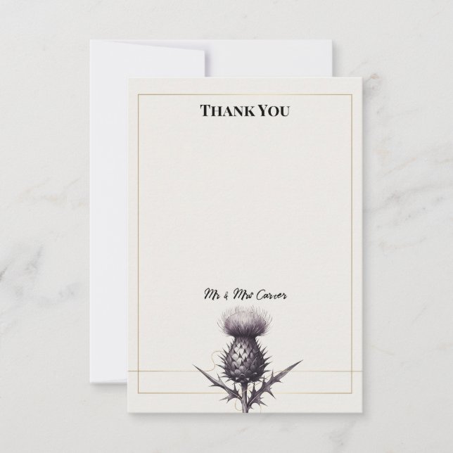 Monochrome Thistle Wedding Thank You Card (Front)
