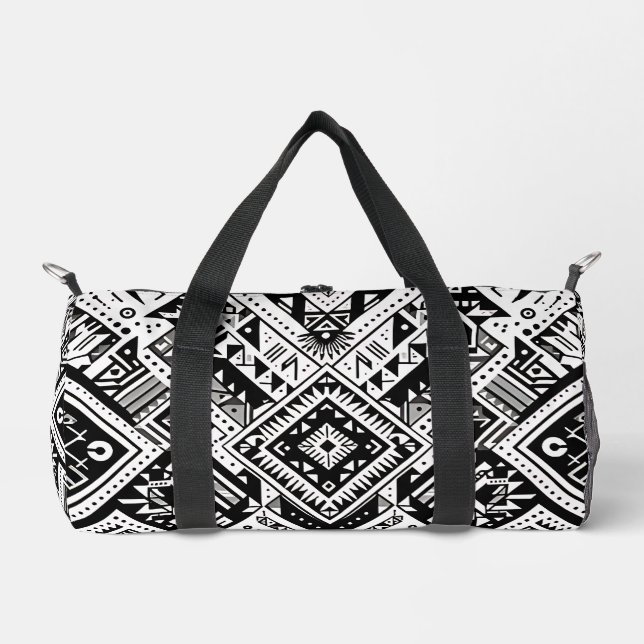 Monochrome Tribal- Bold Symmetry in Black Duffle Bag (Front)