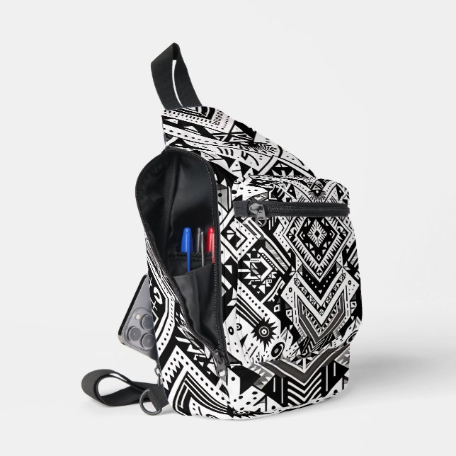 Monochrome Tribal- Bold Symmetry in Black Sling Bag (Open)