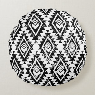 Monochrome tribal ethnic seamless pattern round cushion