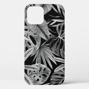 Monochrome Tropical, Watercolor Leaves Texture. iPhone 12 Case