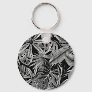 Monochrome Tropical, Watercolor Leaves Texture. Key Ring