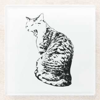 Monochrome Upright Yawning Tabby Cat Coaster