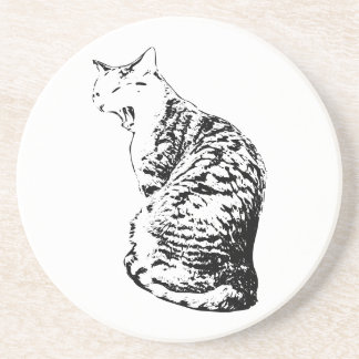 Monochrome Upright Yawning Tabby Cat Coaster