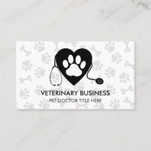 Monochrome Veterinarian Paw Heart Stethescope Pet Business Card