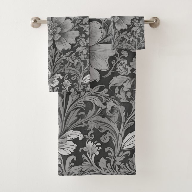 Monochrome Vintage Floral Pattern  Bath Towel Set (Insitu)