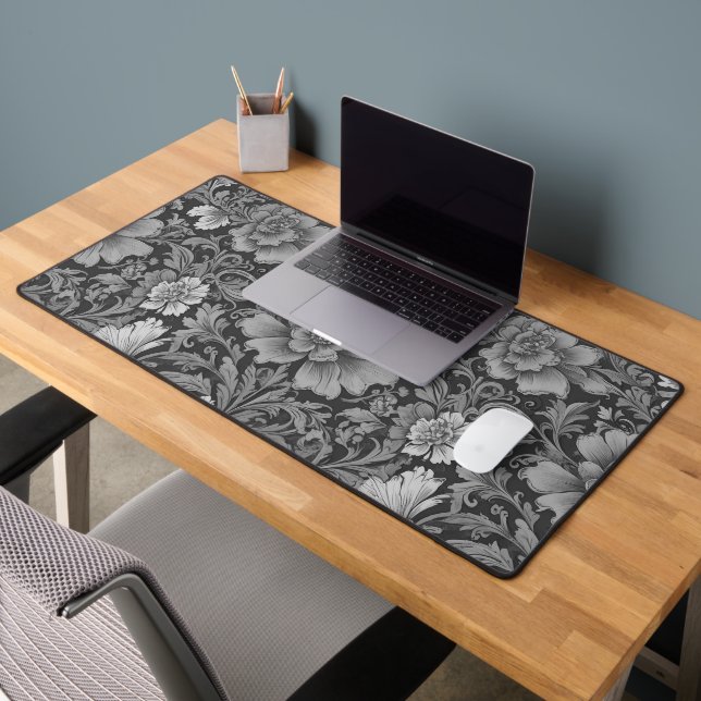 Monochrome Vintage Floral Pattern  Desk Mat (Office 2)