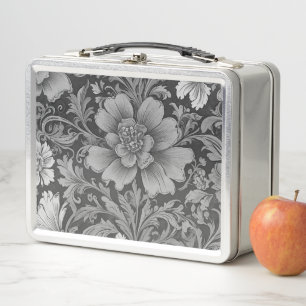 Monochrome Vintage Floral Pattern Metal Lunch Box