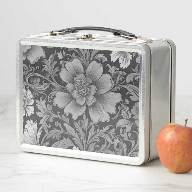 Monochrome Vintage Floral Pattern  Metal Lunch Box (In Situ)