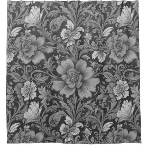 Monochrome Vintage Floral Pattern Shower Curtain