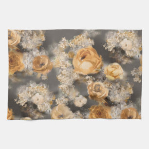 monochrome watercolor golden decorative flowers on tea towel