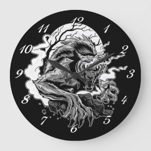 Monochrome Werewolf Moon Large Clock