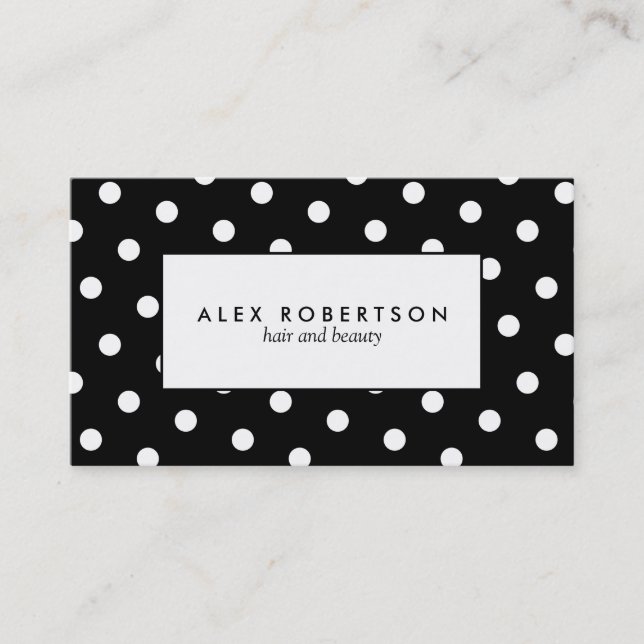 Monochrome white and black polka dot pattern business card (Front)