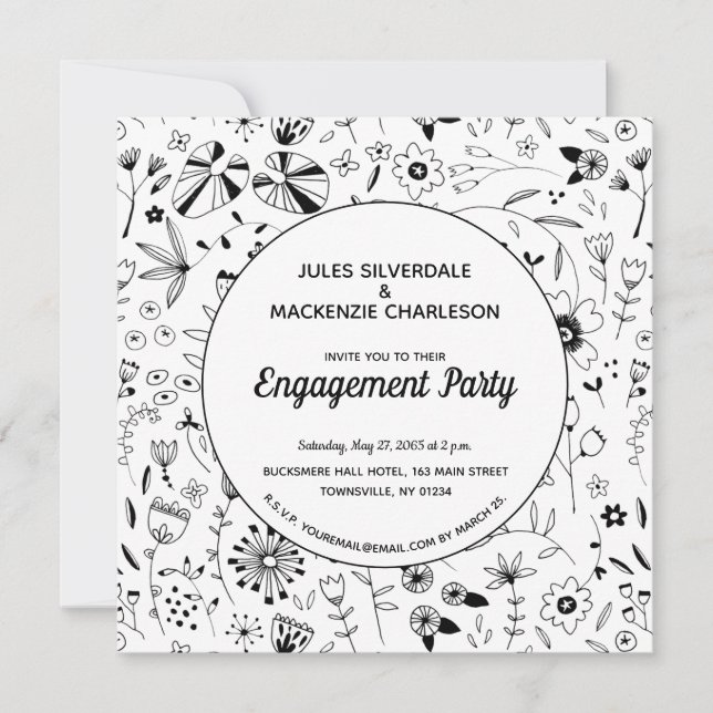 Monochrome Wild Flower Modern Engagement Party Invitation (Front)