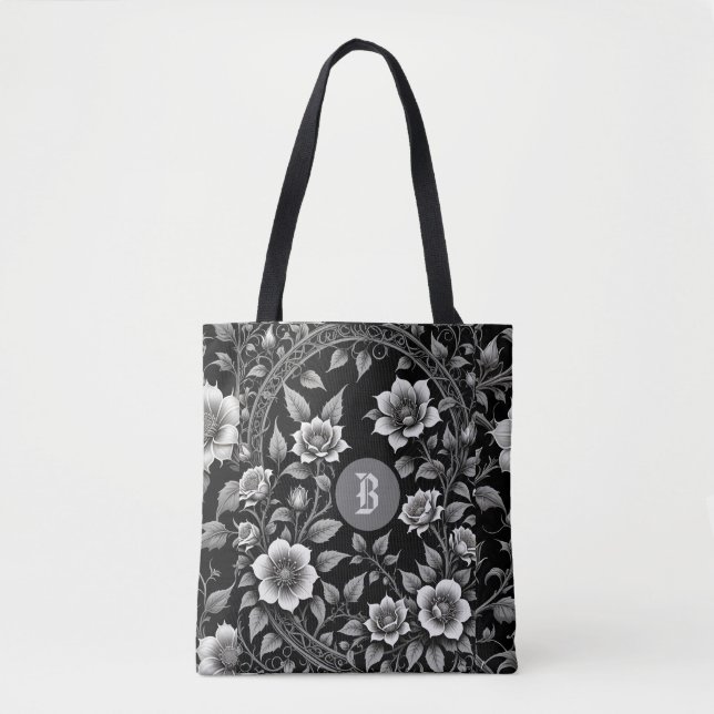 Monochrome Wild Rose Tote Bag (Front)