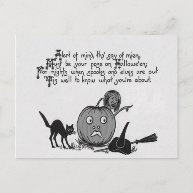 Monochrome Witch Black Cat Jack O Lantern Poem Postcard (Front)