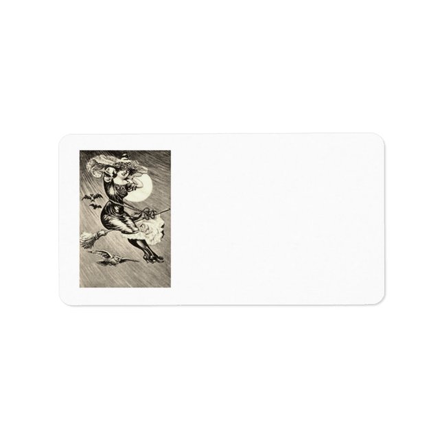 Monochrome Witch Flying Broom Bat Full Moon Label (Front)