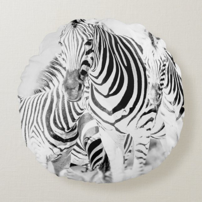 monochrome zebra group portrait, South African Nat Round Cushion (Front)